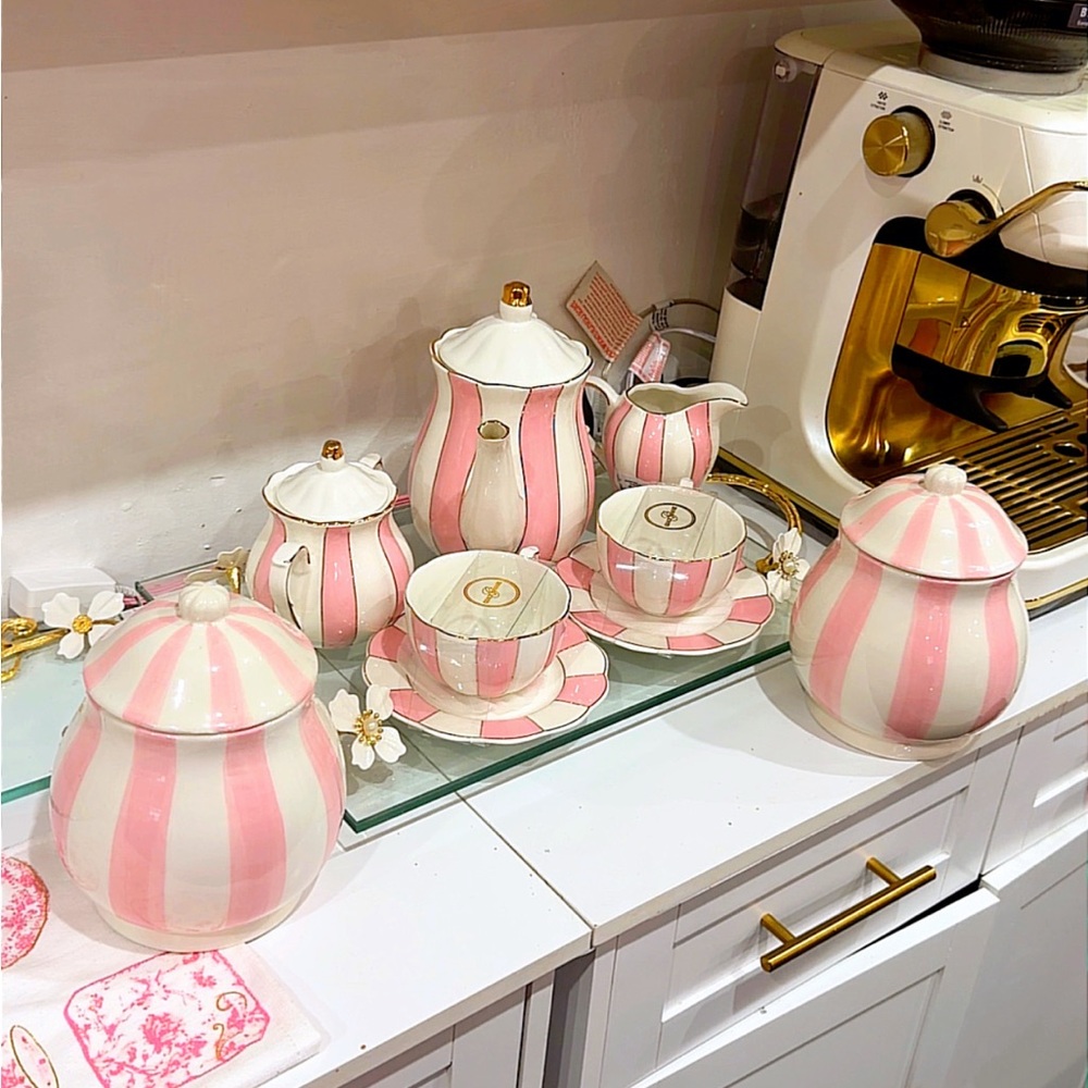 Pink & White Striped Ceramic Tea Set - 7 Piece